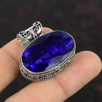 Ограненный Синий Сапфир Кулон Ручной Работы Подвеска С Драгоценным Камнем Подвеска Стерлингового Серебра 925 Антикварные Ювелирные Изделия Винтаж Подвеска Для Подарка Серебряные Ювелирные Изделия