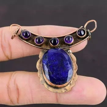 Ограненный синий сапфир, медный кулон, африканский аметист, кулон ручной работы, кулон с драгоценным камнем, медные украшения, стильный кулон, женский специальный подарок