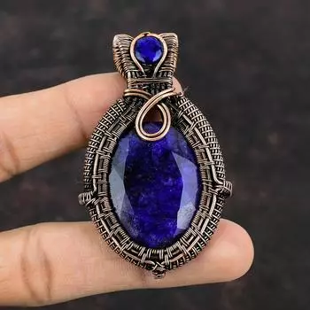 Ограненный Синий Сапфир Подвеска Медная Проволока Обернутая Подвеска Ювелирные Изделия Из Драгоценных Камней Медные Ювелирные Изделия Ручной Работы Уникальный Подвеска Проволочная Обертка Ювелирные Изделия Для Подарка