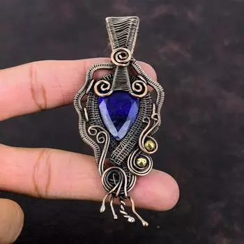 Ограненный Синий Сапфир Подвеска Медная Проволока Обернутая Подвеска Подвеска С Драгоценным Камнем Медные Ювелирные Изделия Подвеска Ручной Работы Проволочная Обмотка Ювелирные Изделия Подарок Для Женщин