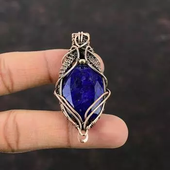 Ограненный Синий Сапфир Подвеска Медная Проволока Обернутая Подвеска Ювелирные Изделия Из Драгоценных Камней Медные Ювелирные Изделия Ручной Работы Уникальный Подвеска Проволочная Обертка Ювелирные Изделия Для Подарка
