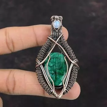 Ограненный замбийский изумруд, медный кулон, медная проволока, кулон, кулон ручной работы, медный ювелирный подарок, Радужный лунный камень, драгоценный камень, ювелирные изделия