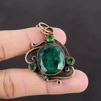Ограненный Замбийский Изумрудный Кулон Хромированный Диопсид Кулон Медный Кулон Ювелирные Изделия Из Драгоценных Камней Медные Ювелирные Изделия Ручной Работы Подарок Для Него Исцеляющий Камень