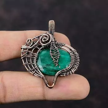 Ограненный замбийский изумрудный кулон из меди, обернутый медной проволокой, кулон ручной работы из медной проволоки, ювелирное изделие в подарок для нее, ювелирные изделия из натуральных драгоценных камней