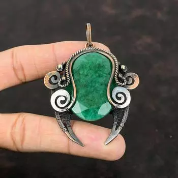 Ограненный замбийский изумрудный кулон, медная проволока, кулон ручной работы, новый кулон, драгоценный камень, медь, ювелирные изделия, подарок для него, дизайнерский кулон