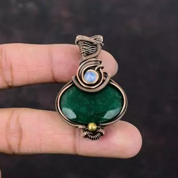 Ограненный замбийский изумрудный кулон, медная проволока, кулон с драгоценным камнем, ювелирные изделия из медной проволоки, кулон ручной работы, Радужный лунный камень, ювелирные изделия для подарка