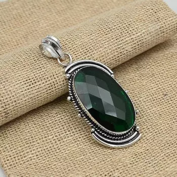 Ограненный зеленый оникс, драгоценный камень 925 пробы, серебряный кулон ручной работы овальной формы для нее 2.36 Inches зелёный