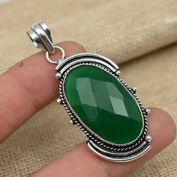 Ограненный зеленый оникс драгоценный камень стерлингового серебра 925 пробы ювелирные изделия ручной работы красивый кулон 2.36 Inches зелёный