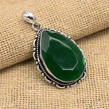 Ограненный зеленый оникс, драгоценный камень, ювелирные изделия ручной работы из стерлингового серебра 925 пробы, красивая подвеска для нее 1.77 Inches зелёный