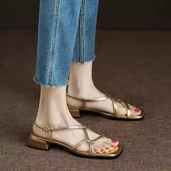Огромные узкие квадратные босоножки с открытым носком и перекрестными ремешками, женские, лето 2025 г., ретро, повседневные, на толстом каблуке 34 золотой