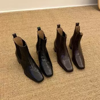 Огромный комфорт ~ Простые квадратные сапоги на толстом каблуке, эластичные короткие сапоги, ботинки Martin, универсальные сапоги Chelsea 35 чёрный