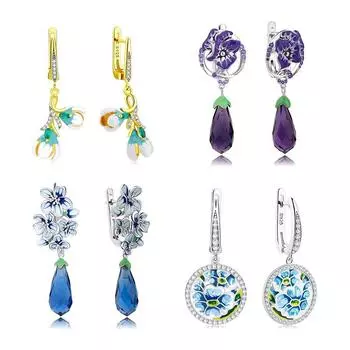 OGULEE модные серьги-подвески из стерлингового серебра 925 пробы, синие, сделай сам, эмаль, зеленые, счастливые цветы, спиральные висячие серьги для женщин, ювелирные изделия для свадебной вечеринки