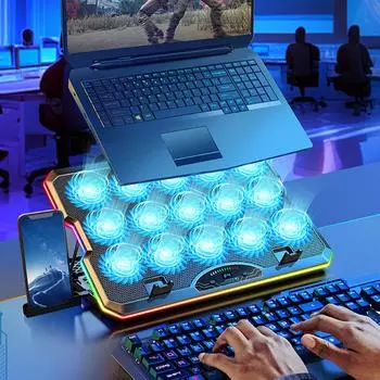 Охлаждающая подставка для игрового ноутбука с 15 тихими вентиляторами RGB, регулируемая подставка для ноутбука 12,1–17,3 дюйма, держатель порта USB, охлаждающая подставка для ноутбука