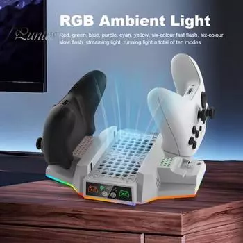 Охлаждающая подставка для игровой консоли с зарядной станцией для двух контроллеров, вертикальная охлаждающая подставка с RGB-подсветкой и портом USB 2.0 для Xbox S белый