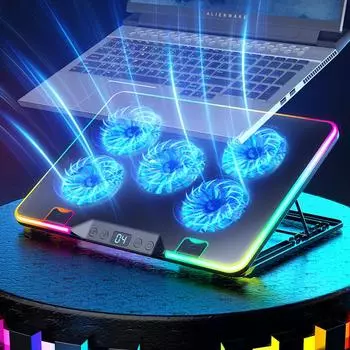 Охлаждающая подставка для ноутбука RGB со светодиодным экраном, воздушный охладитель, подставка для ноутбука с 2/5 вентиляторами, регулируемая игровая охлаждающая подставка 2 Fans Silver