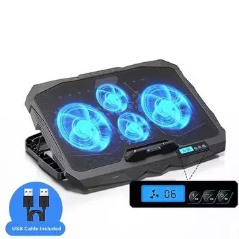 Охлаждающая подставка для ноутбука с 5 уровнями высоты и 6 скоростями вращения вентилятора, регулируемая для 17-дюймового ноутбука с 4 вентиляторами, жидкокристаллическим дисплеем и 2 портами USB чёрный