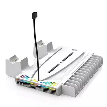 Охлаждающая станция с двумя контроллерами, зарядной подставкой RGB, вертикальная для консоли PS5, аксессуары для цифрового издания на диске с держателем для гарнитуры, 14 слотов для игр 28.5*24*5.5cm белый