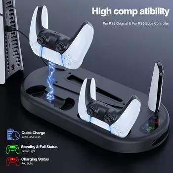 Охлаждающая станция, зарядная станция для двух контроллеров с держателем для гарнитуры, регулируемая скорость вентилятора для консоли Playstation 5 Disc/Digital белый