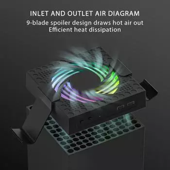 Охлаждающий вентилятор для консоли Xbox Series X, система охлаждения с 2 держателями для геймпада, наушников, малошумная RGB-подсветка, 2 порта USB для зарядки и передачи данных чёрный