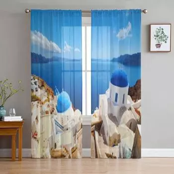 Ия город на острове Санторини прозрачные занавески для гостиной, спальни, вуаль, занавески для окон, занавески из органзы, вечерние тюлевые шторы 135W x 114H(cm)