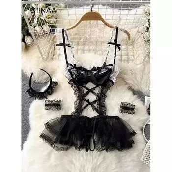 OIINAA Сексуальное платье Женское кружевное нижнее белье Прозрачное на тонких бретельках Без промежности Эротические платья Горничная Косплей Экзотическая униформа One Size