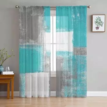 Oil Painting Abstract Geometric Aqua Blue Tulle Curtains Living Room Kitchen Window Decoration Chiffon Voile Sheer Curtain W135 x H115cm x1