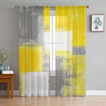 Oil Painting Abstract Geometric Yellow Gray Sheer Curtains for Living Room Decoration Window Curtain Kitchen Tulle Voile Drapes W135 x H115cm x1&Rod Pocket