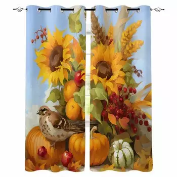 Oil Painting Autumn Pumpkin Sunflower Bird Blackout Curtains For Living Room Bedroom Window Treatment Blinds Drapes W135 x H60cm