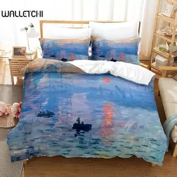 Oil Painting Duvet Cover Set King Queen Printed Quilt Cover with Famous Paintings By Monet and Van Gogh Polyester Duvet Cover EU Single 135x200cm
