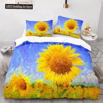Oil Painting Duvet Cover Set Queen Blooming Sunflowers Twin Bedding Set Blue Sky White Cloud Landscape Polyester Comforter Cover 70x133cm 2pcs