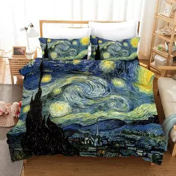 Oil Painting Duvet Cover Van Gogh Starry Night Print Bedding Set Microfiber Quilt Cover Queen/King/Full/Twin For Kids Women Boy AU Single(140x210cm)