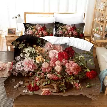 Oil Painting Flowers Digital Printing Polyester Bedding Sets Adult Bedclothes Quilt Art Duvet Cover Set Single King Queen Size EU single(135x200cm)