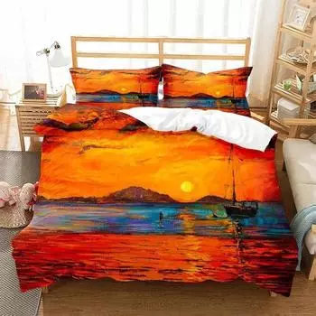 Oil Painting Landscape Duvet Cover King Queen Size Seaside Sunset Colorful Painted Style Art Print Polyester Comforter Cover EU Single 135x200cm