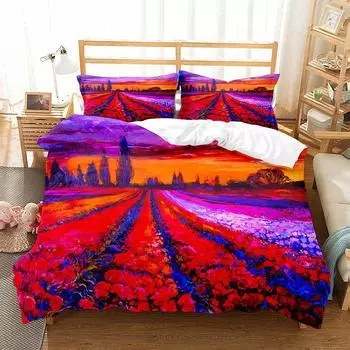 Oil Painting Lavender Duvet Cover Microfiber Bedding Set Purple Red Flower Soft Comforter Cover Queen/King/Full Size Quilt Cover 70x133cm 2pcs