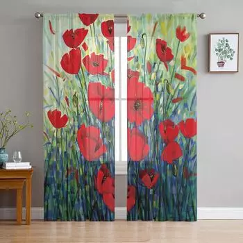 Oil Painting Poppy Flower Sheer Curtains for Living Room Modern Voile Curtain Bedroom Tulle Curtains Window Drapes Decor W135 x H114cm