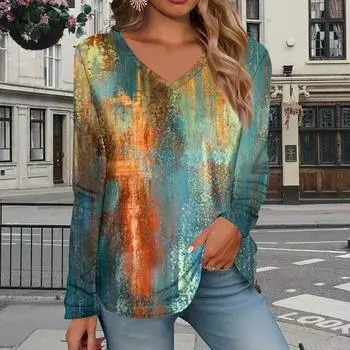 Женские футболки с принтом масляной живописи, женские топы, длинные рукава, V-образный вырез, пуловер, женские футболки, футболка для женщин XS синий