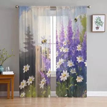 Oil Painting Purple Lavender Daisy Garden Bees Sheer Curtains for Kids Bedroom Living Room Voile Window Curtains Tulle Drapes W135 x H114cm
