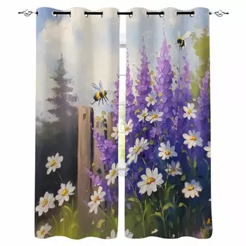 Oil Painting Purple Lavender Daisy Garden Bees Blackout Curtains For Living Room Bedroom Window Treatment Blinds Drapes W135 x H60cm