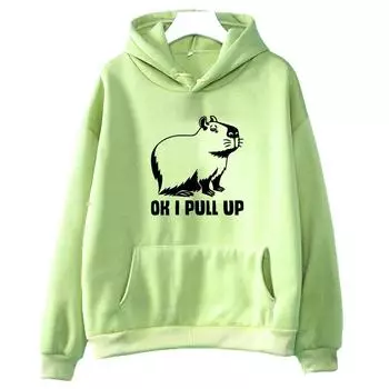 OK I PULL UP Capybara Harajuku Толстовки ЖЕНЩИНЫ Минималистский дизайн Толстовка с длинными рукавами Флис Kawaii/Милый мультфильм Преобладает L