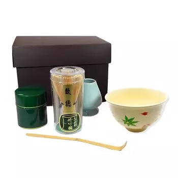 Okadaen Tea Ceremony Practice Set Design with Cherry Blossom and Maple Chasen Matcha Tea Boxed (Tea Bowl/Unkin Leaves, Chasen, Chashaku, Strainer,