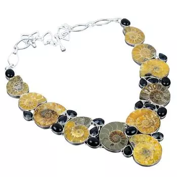 Окаменелость аммонита, драгоценный камень шпинель ручной работы / Серебряное ожерелье с натуральным окаменелостью аммонита / Серебряное ожерелье 925 пробы / Штампованный драгоценный камень 925 пробы 18 жёлтый