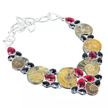 Окаменелость аммонита, гранатовый драгоценный камень ручной работы / Ожерелье из стерлингового серебра 925 пробы / Штампованный драгоценный камень 925 пробы / Серебряное ожерелье из натурального аммонита 18 жёлтый