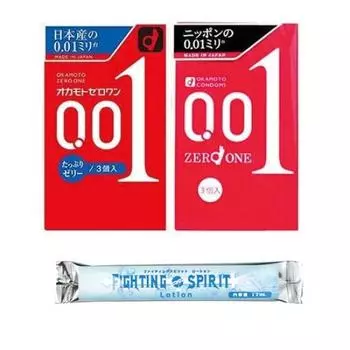 Okamoto Zero One Много смазки 3 штуки Okamoto Zero One 3 штуки Лосьон Боевой Дух 12 мл + 0,01 мм +