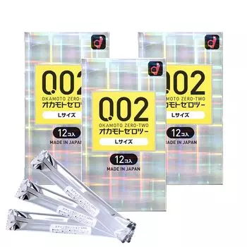Okamoto Zero Two Large Полиуретан 12 шт. Набор Поставляется с 3 презервативами-стиками в упаковке, скрывающей содержимое 0.02 Презервативы, Размер, (PU), штук, 3, лосьоны,