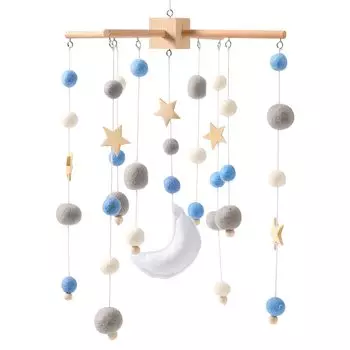 Okawari Home Bed Mary Wooden Mobile Star Blue Swaying Mobile Wool Felt Wooden Toy Baby Nursery Room Preparation for Birth Baby Gift Gift