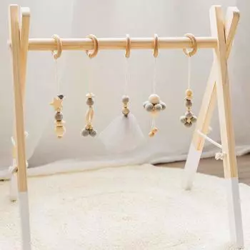 Okawari Home Gray Baby Gym Деревянная коляска Игрушка в комплекте Кровать Подвесной игровой тренажер Обучающий набор игрушек Предмет Комната Подарок для ребенка Подарок на день рождения новорожденному Подарок