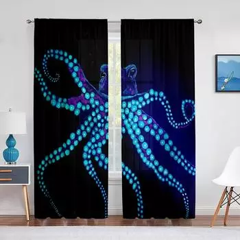 Океан Кракен, синие щупальца осьминога, морская жизнь, тюлевые шторы для гостиной, спальни, прозрачная вуаль, оконные шторы, вечерние шторы 1 PCS W100XH250cm&Rod Pocket