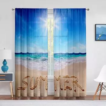 Океан Лето Пляж Солнечный Свет Морская вода Тюль В Прозрачных Шторах Для Гостиной Спальни Кухни Оконная Обработка Шифоновая Штора 1 PCS W100XH250cm&Rod Pocket