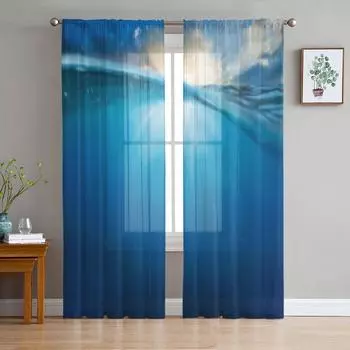 Океан, половина воды с закатным небом, шифоновые прозрачные шторы для гостиной, спальни, кухни, украшения окон, вуали, тюль, занавески 135W x 114H(cm)