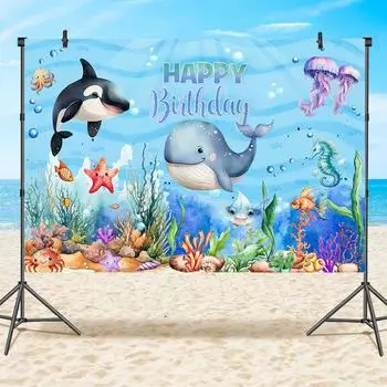 Океан С Днем Рождения Фон Лето Под Морем Тема День Рождения Декор Дети Дельфин Кит Стена Фон Праздничные Принадлежности